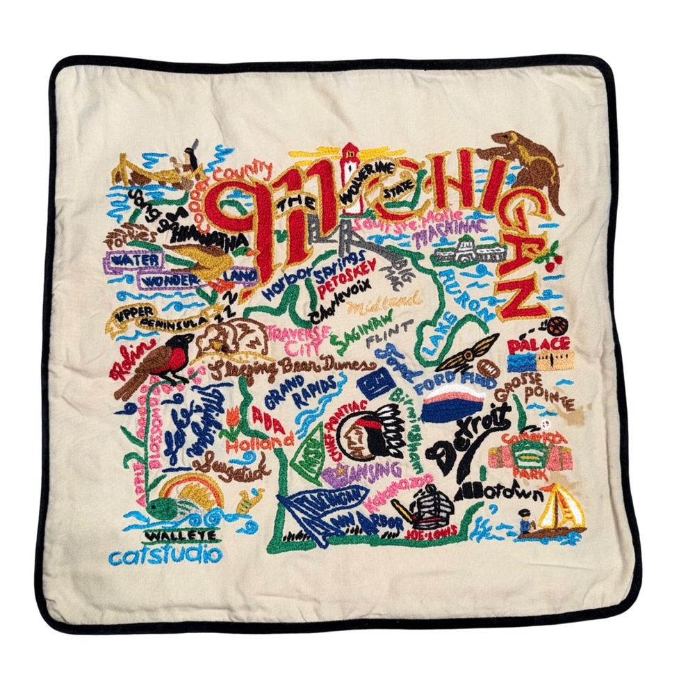 Catstudio Michigan State Hand Embroidered Pillow Cover 19x19 Cream Condition